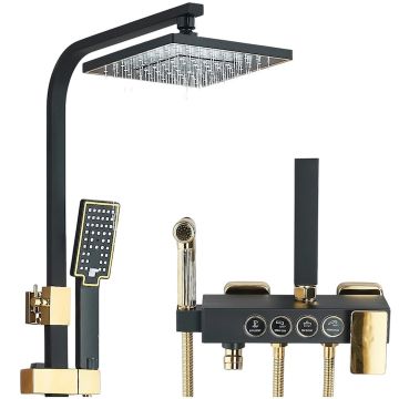 Coloana de Dus Baie BisDesign , Actionare Buton, Reglabila pe Inaltime, Cos Organizator, Culoare Negru Mat Auriu, Palarie Dus 20 cm cu Efect Ploaie, 4