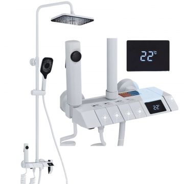 Coloana de Dus Baie BisDesign , Afisaj LCD Temperatura Apa, Butoane Stil Piano, Finisaj Alb Mat, Para Dus 28 cm cu Efect Ploaie, 4 Functii de Curgere