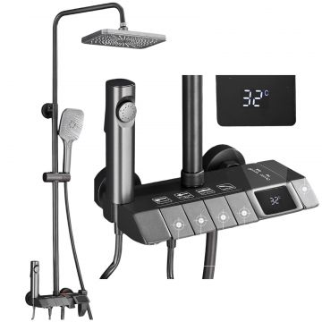 Coloana de Dus Baie BisDesign , Afisaj LCD Temperatura Apa, Butoane Stil Piano, Finisaj Gri Antracit, Para Dus 28 cm cu Efect Ploaie, 4 Functii de