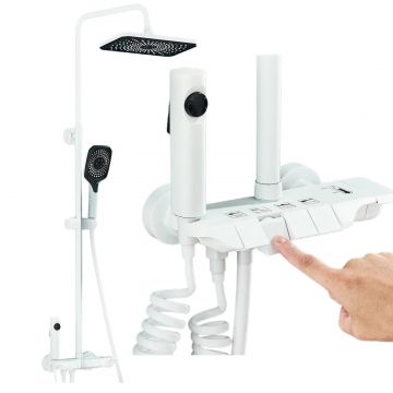 Coloana de Dus Baie BisDesign , Butoane Stil Piano, Finisaj Alb Mat, Para Dus 28 cm cu Efect Ploaie, 4 Functii de Curgere