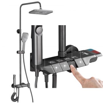 Coloana de Dus Baie BisDesign , Butoane Stil Piano, Finisaj Gri Antracit, Para Dus 28 cm cu Efect Ploaie, 4 Functii de Curgere