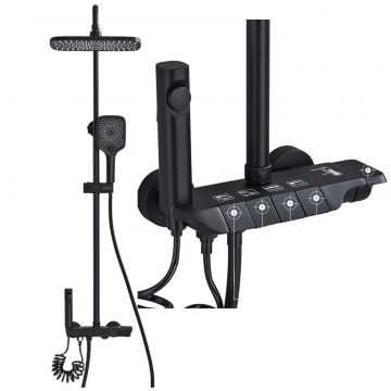 Coloana de Dus Baie BisDesign , Butoane Stil Piano, Finisaj Negru Mat, Para Dus 28 cm cu Efect Ploaie, 4 Functii de Curgere