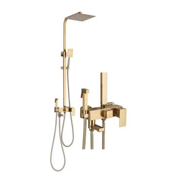 Coloana de Dus Baie BisDesign , Integrala din Metal, Reglabila pe Inaltime, Finisaj Auriu Mat, Palarie Dus 30 cm cu Efect Ploaie, 4 Functii de Curgere