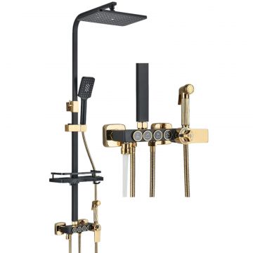 Coloana de Dus Baie BisDesign , Termostat Temperatura Apa, Reglabila pe Inaltime, Cos Organizator, Culoare Negru Mat Auriu, Palarie Dus 30 cm cu Efect