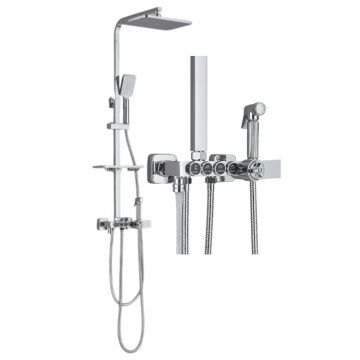 Coloana de Dus Baie BisDesign , Termostat Temperatura Apa, Reglabila pe Inaltime, Cos Organizator, Finisj Crom Lucios, Palarie Dus 30 cm cu Efect