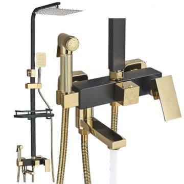 Coloana de Dus Baie, Reglabila pe Inaltime, Cos Organizator, Culoare Aurius Lucios Negru Mat, Palarie Dus 25 cm cu Efect Ploaie, 4 Functii de Curgere