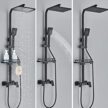 Coloana de Dus Baie, Reglabila pe Inaltime, Finisaj Negru Mat, Para Dus 30 cm cu efect ploaie, 3 Functii de Curgere