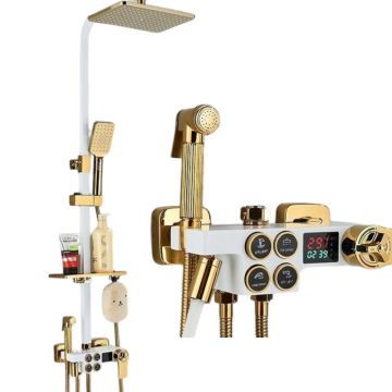 Coloana de Dus BisDesign , Termostat Temperatura Apa, Reglabila pe Inaltime, Display LCD, Cos Organizator, Culoare Alb Auriu, Palarie Dus 30 cm cu