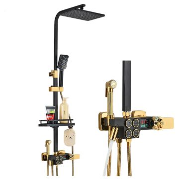 Coloana de Dus BisDesign , Termostat Temperatura Apa, Reglabila pe Inaltime, Display LCD, Cos Organizator, Culoare Aurius Lucios Negru Mat, Palarie