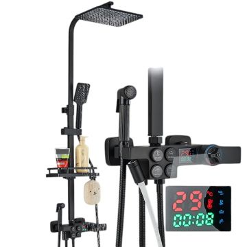 Coloana de Dus BisDesign , Termostat Temperatura Apa, Reglabila pe Inaltime, Display LCD, Cos Organizator, Culoare Negru Mat, Palarie Dus 30 cm cu