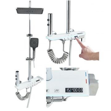 Coloana de Dus Pentru Baie BisDesign , Afisaj Temperatura Apa, Termostat, Sticla Alba, Butoane Piano, Inaltime Reglabila, Finisaj Crom Lucios, Palarie