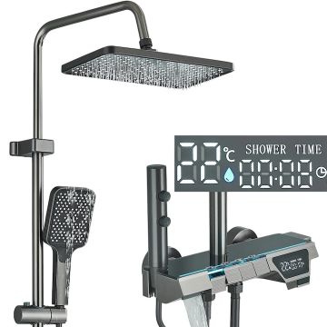 Coloana de Dus Pentru Baie BisDesign , Premium Aluminiu, Afisaj Temperatura Apa, Sticla Neagra Mare, Butoane Piano, Inaltime Reglabila, Culoare Gri