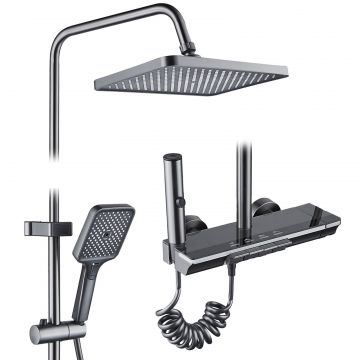 Coloana de dus RAIZ Origins PRIME, 4 functii, Display LCD, Montare rapida, Jet reglabil, Para de dus, Dus fix cu functie ploaie, Functie bideu, Negru