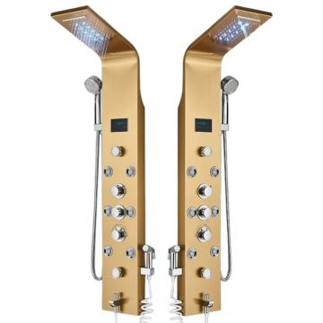 Coloana Panel de Dus BisDesign , Functie Cascada, Functie SPA, Display Temperatura Apa si LED-uri, Pipa Efect Ploaie, Dus Igienic, Finisaj Auriu