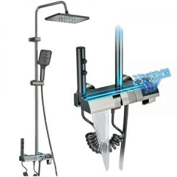 Piesa de schimb pentru Coloana de dus cu Afisaj Temperatura Apa, Sticla Neagra, Butoane Piano, Culoare Gri Grafit, Palarie Dus 28 cm cu Efect Ploaie,