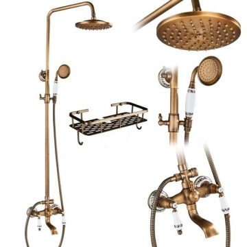 Set Coloana de Dus plus Cos Organizator, Finisaj Bronz Antichizat, Cu inele Ceramice Albe