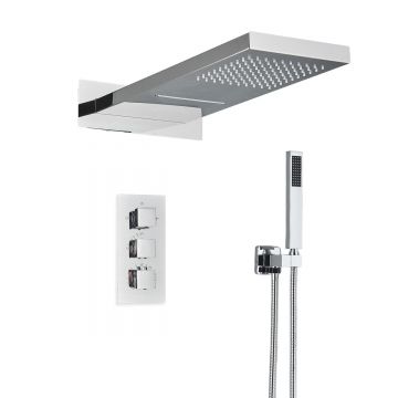 Set de duș cu pară tip cascadă, cu termostat, argintiu lucios,  3 funcții de curgere a apei, cod 1240