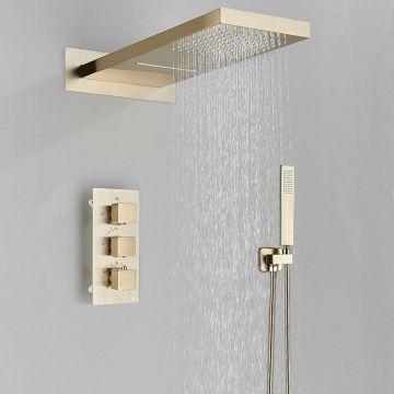 Set de dus cu para tip cascada, cu termostat, auriu mat,  3 functii de curgere a apei, cod 1584