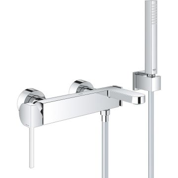 Set de dus Grohe Plus 33547003, 1/2'', monocomanda, cartus ceramic, para dus Stick, suport de perete, furtun SilverFlex 1.5 m, elemente fixare ascunse, limitator, crom