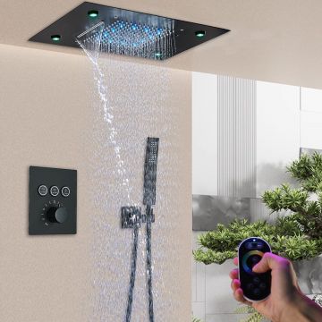 Set de dus incastrabil in tavan, cu para patrata, lumini si termostat, 3 functii de curgere a apei, cod 1691