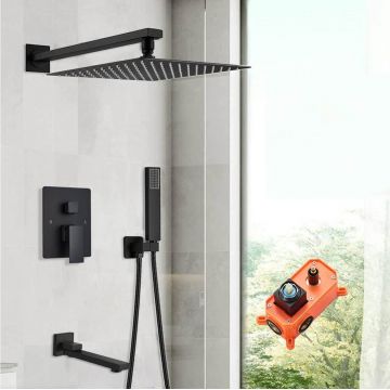 Set de dus negru cu para patrata 25 cm, negru mat, 3 functii de curgere a apei, cod 1232