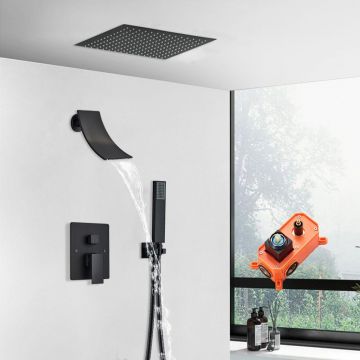 Set de dus negru incastrabil in tavan, cu para patrata 30 cm, 3 functii de curgere a apei, cod 1402
