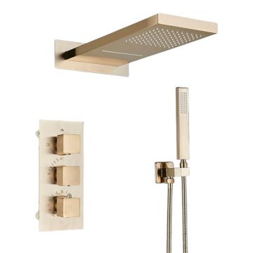 Sistem de Dus Baie BisDesign , Incastrabil cu Termostat, Functie Cascada si Ploaie, Finisaj Auriu Mat, Para Dus Perete 55x22 cm
