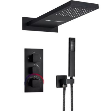 Sistem de Dus Baie BisDesign , Incastrabil cu Termostat, Functie Cascada si Ploaie, Finisaj Negru Mat, Para Dus Perete 55x22 cm