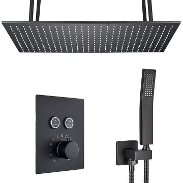 Sistem de Dus Baie BisDesign , Incastrabil cu Termostat, Functie SPA, Finisaj Negru Mat, 2 Functii de Curgere, Para Dus Tavan 40x80 cm