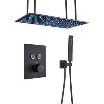 Sistem de Dus Baie BisDesign , Incastrabil cu Termostat, Functie SPA si LED, Finisaj Negru Mat, 2 Functii de Curgere, Para Dus Tavan 40x80 cm
