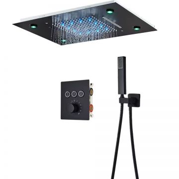 Sistem de Dus, Incastrabil cu Termostat, Functie SPA si LED, Finisaj Negru Mat, Para Dus Tavan 35x49 cm