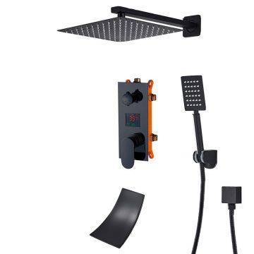 Sistem de Dus Incastrabil, Ecran LCD, Functie Cascada, Finisaj Negru Mat, Para Dus Perete 40 cm