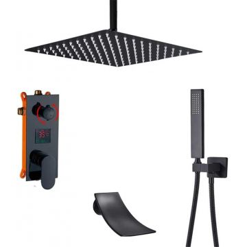 Sistem de Dus Incastrabil, Ecran LCD, Functie Cascada, Finisaj Negru Mat, Para Dus Tavan 40 cm