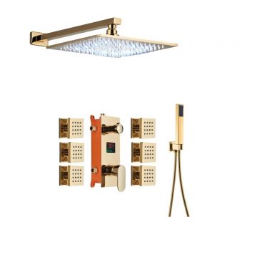 Sistem de Dus Incastrabil, Ecran LCD, Functie SPA, Finisaj Auriu Lucios, Para Dus Perete 30 cm