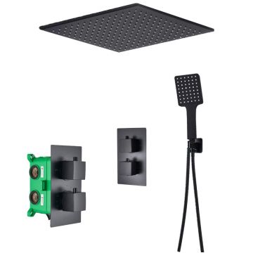 Sistem de dus Rainfall, incastrat in tavan cu termostat, para patrata 50 cm, 2 functii de curgere, negru mat, cod 1407