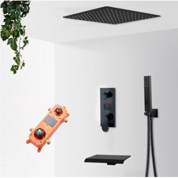 Sistem de dus Waterfall, incastrat in tavan, para patrata 40 cm, 3 functii de curgere, negru mat, cod 1404